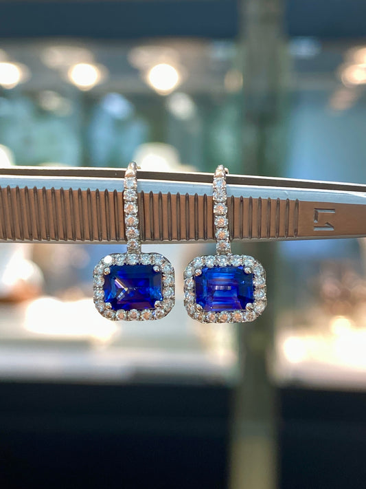 Blue Sapphire 1.85ct Earrings Set With Natural Diamonds In 18K White Gold Singapore Gemstone Fine Jewellery