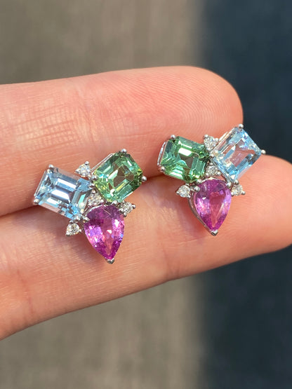 Natural Pink Sapphire, Aquamarine & Tourmaline Earrings