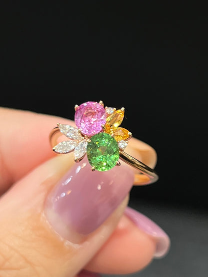 Natural Pink Sapphire 1.03ct And Tsavorite 0.78ct Toi et moi Ring