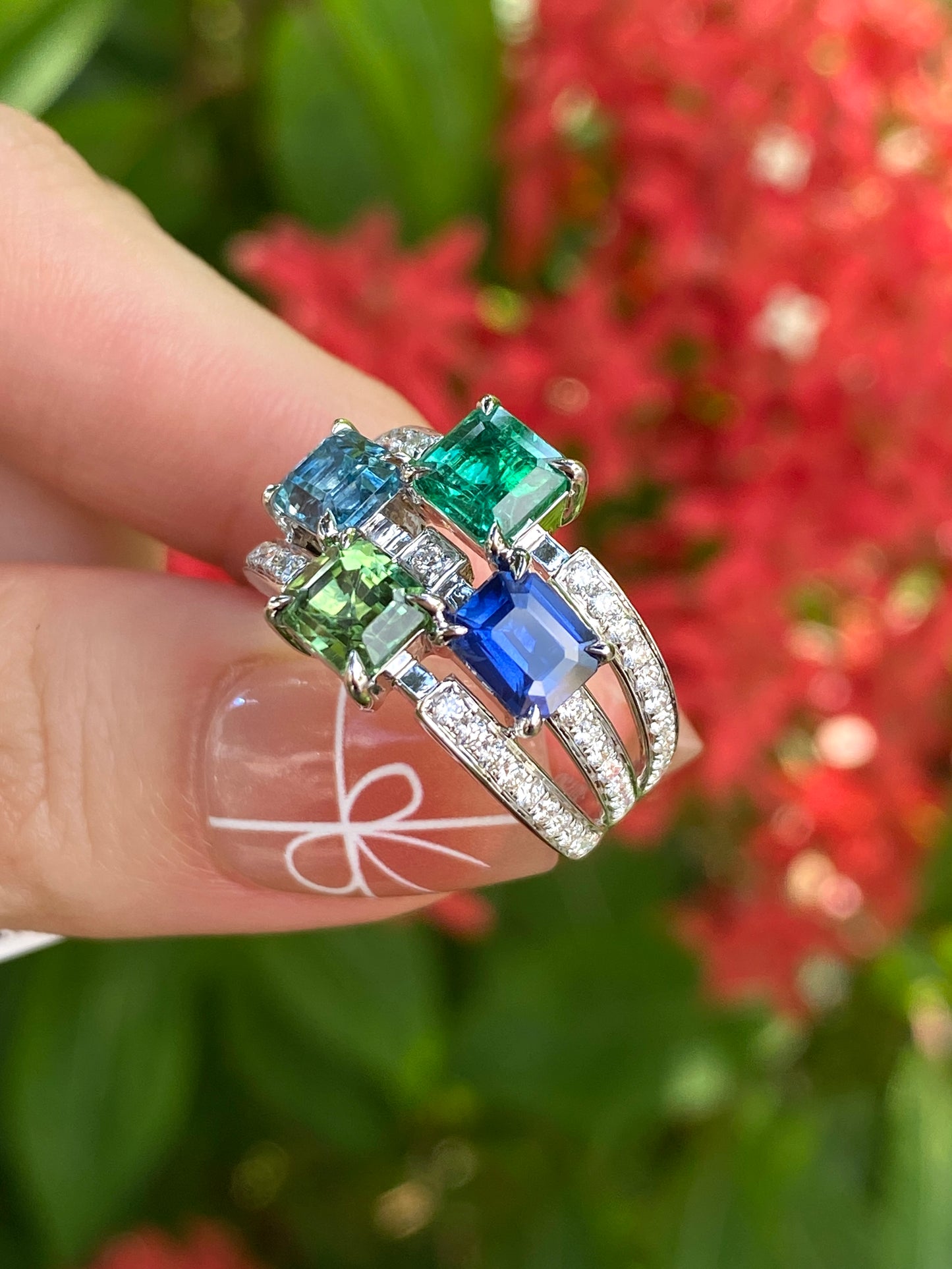 Natural Emerald Sapphire Tourmaline Aquamarine Cluster Ring