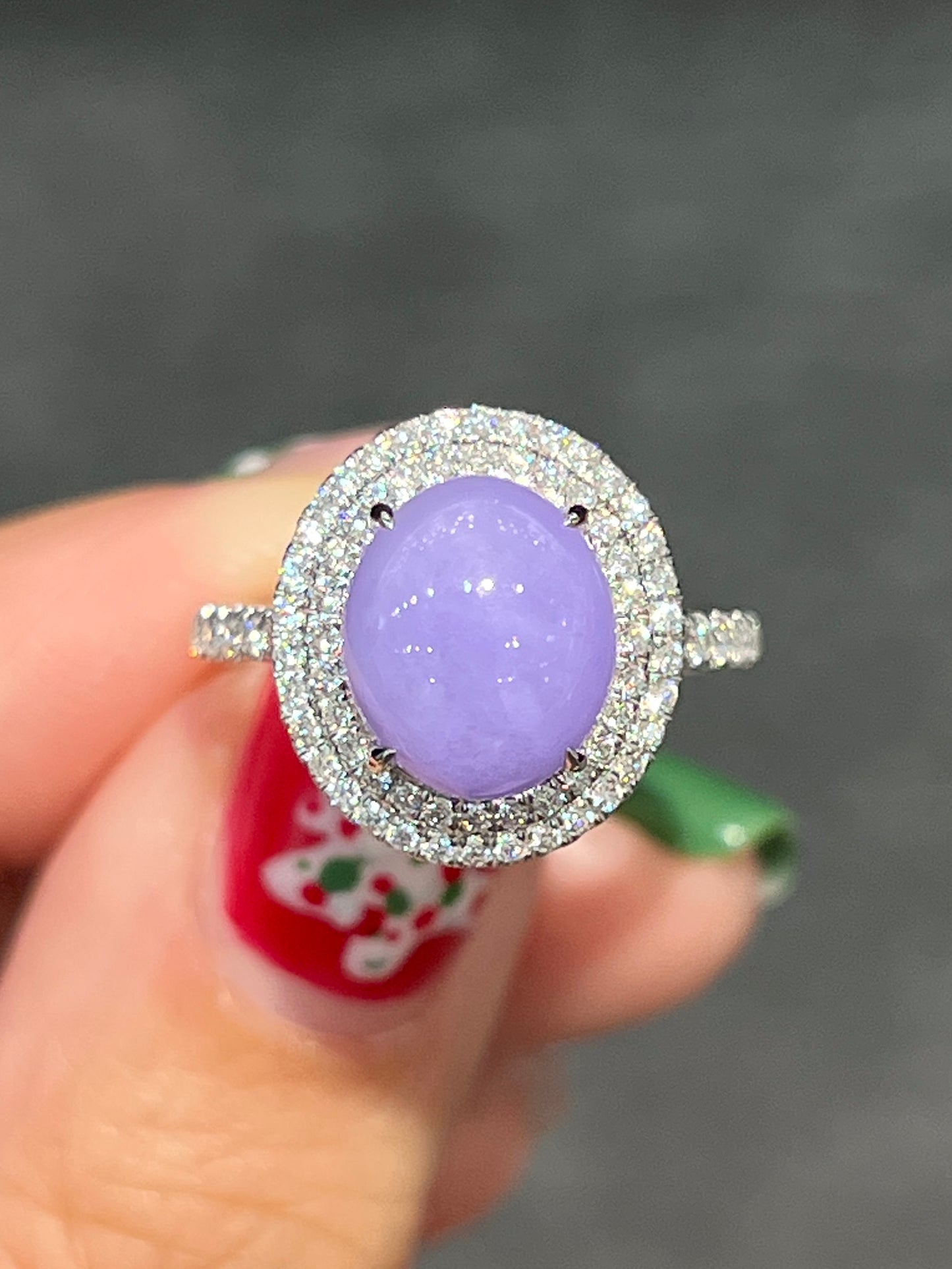 Natural Type A Lavendar Jadeite 3.72ct Ring Set With Natural Diamonds In 18K White Gold