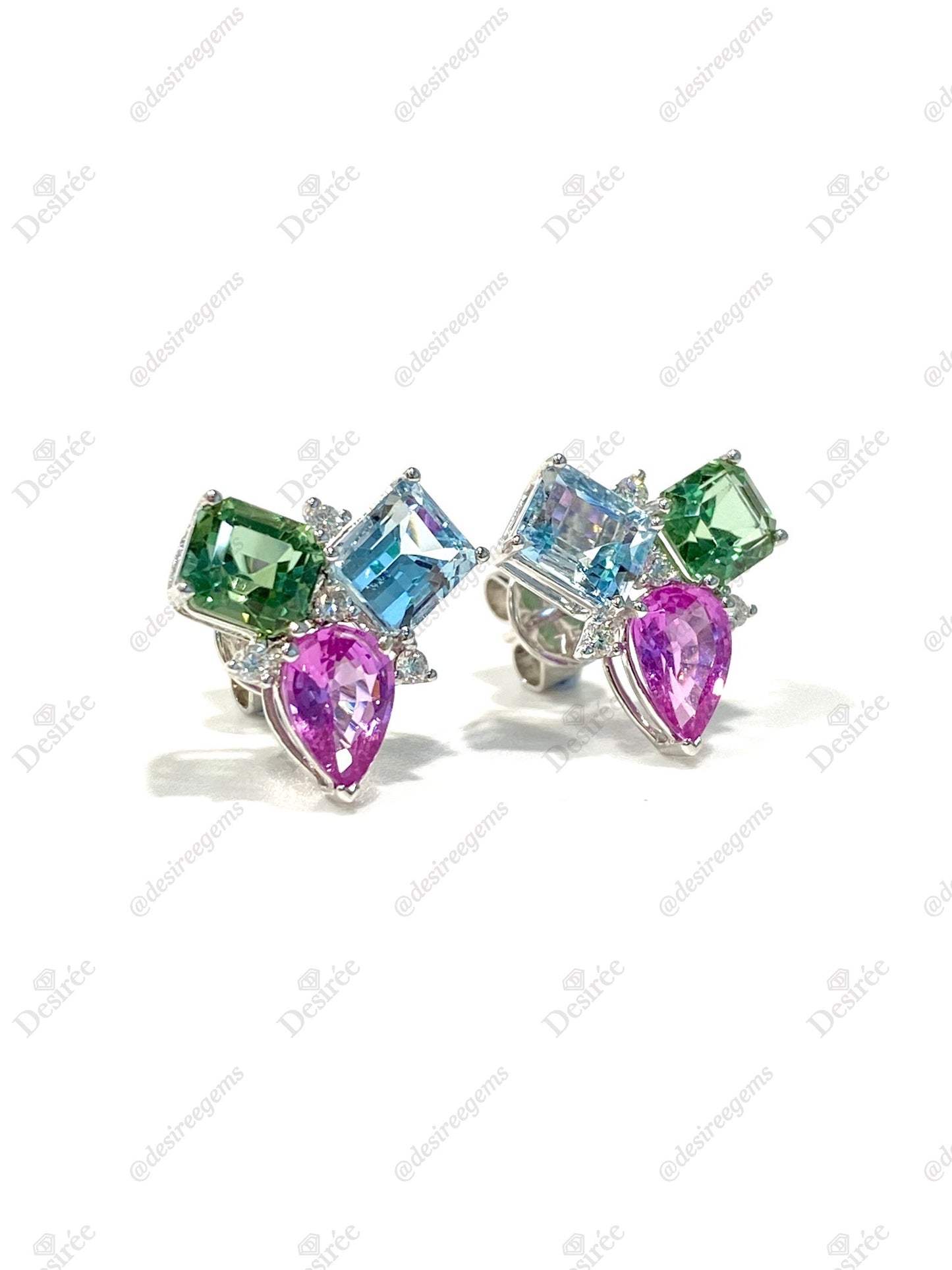 Natural Pink Sapphire, Aquamarine & Tourmaline Earrings