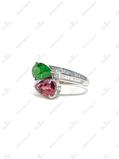 Natural Green Garnet Tsavorite 1.27ct and Tourmaline 1.32ct Ring