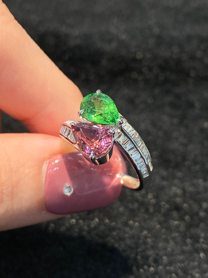 Natural Green Garnet Tsavorite 1.27ct and Tourmaline 1.32ct Ring