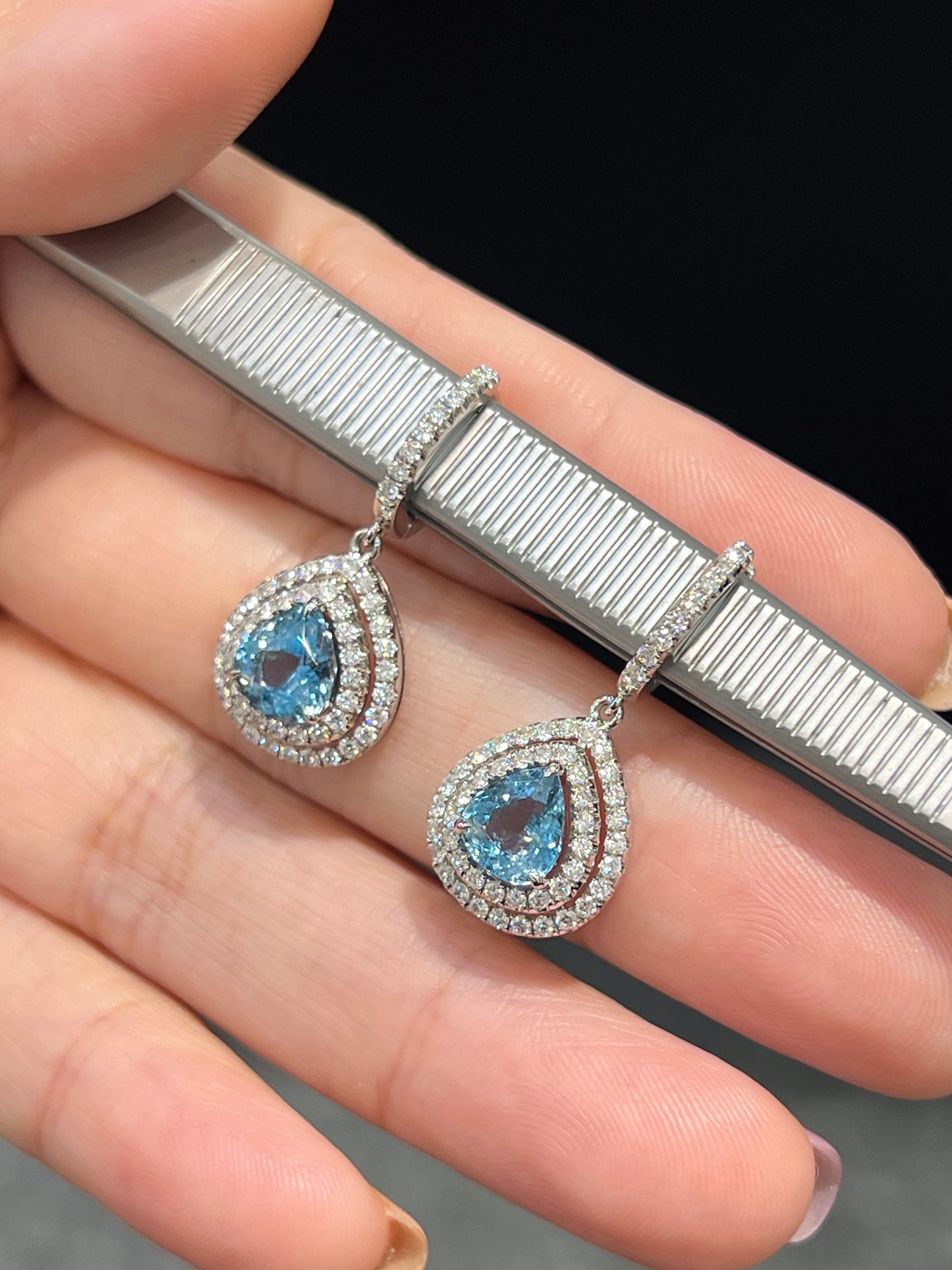 Natural Aquamarine Earrings 1.95ct Set With Natural Diamonds In 18K White Gold Singapore Gemstone Fine Jewellery