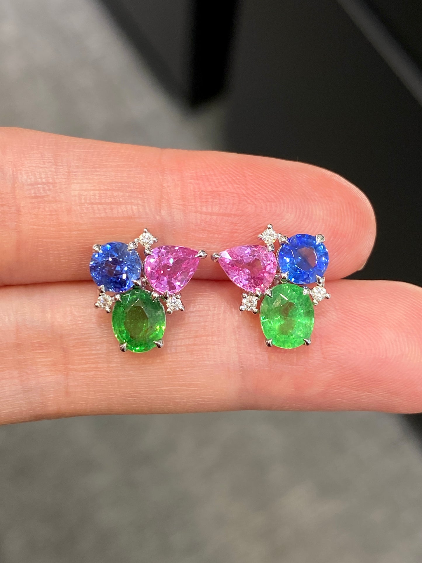 Blue, Pink Sapphire & Green Garnet Earrings