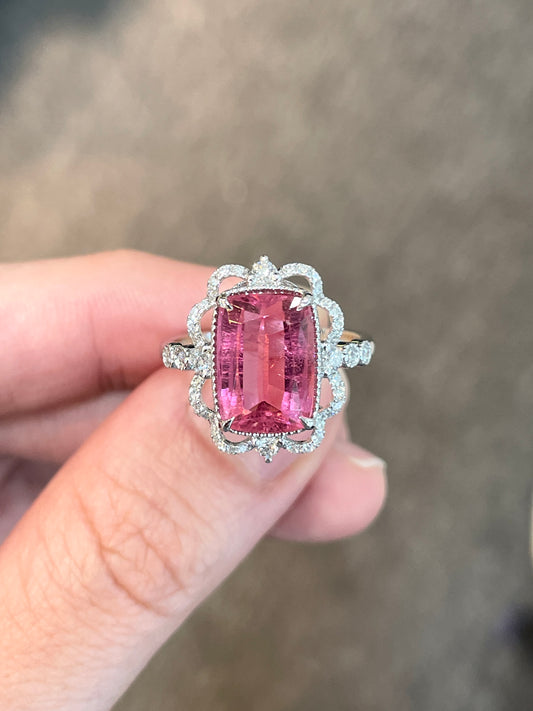 Natural Pink Tourmaline 3.77ct Ring Set With Natural Diamonds In 18k White Gold Gemstone Fine Jewellery Singapore