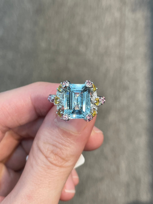 Natural Aquamarine 3.72ct Ring Set With Natural Diamonds In 18K White Gold Singapore Gemstone Fine Jewellery