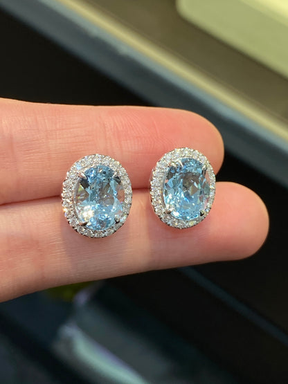 Natural Aquamarine Earrings 5.50ct Set With Natural Diamonds In 18K White Gold Singapore Gemstone Fine Jewellery