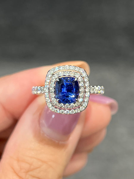 Natural Blue Sapphire 1.47ct Ring Set With Natural Diamond In 18K White Gold Singapore Gemstone Fine Jewellery