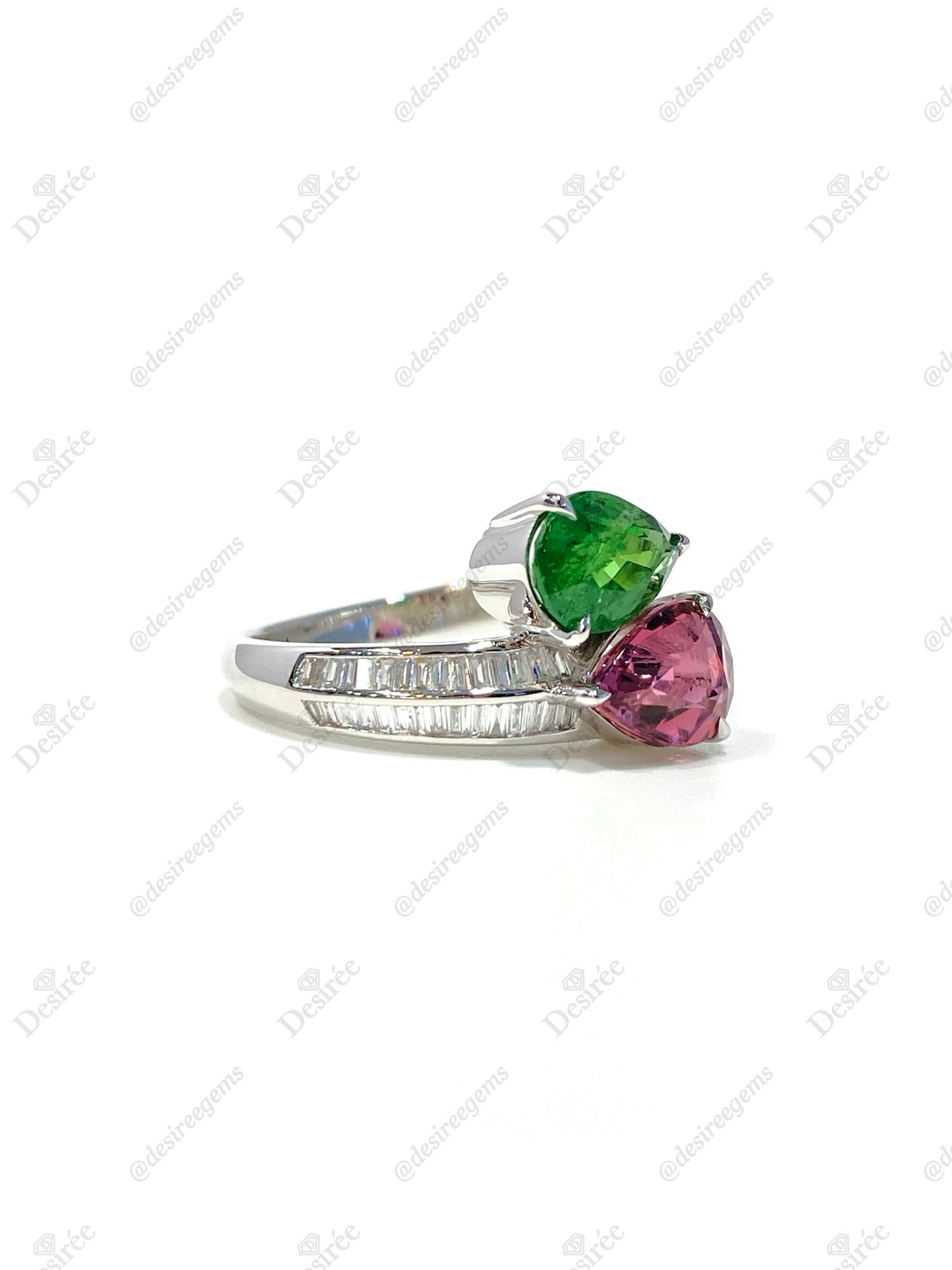 Natural Green Garnet Tsavorite 1.27ct and Tourmaline 1.32ct Ring