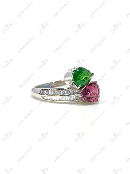 Natural Green Garnet Tsavorite 1.27ct and Tourmaline 1.32ct Ring