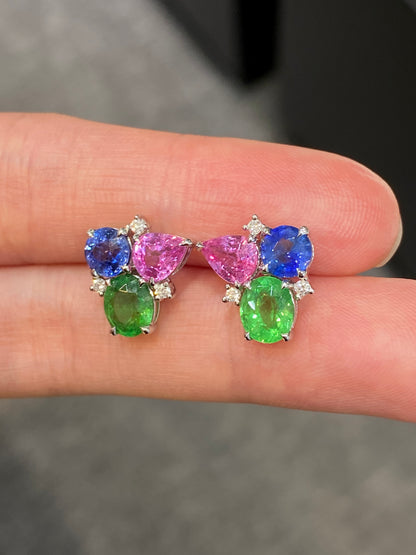 Blue, Pink Sapphire & Green Garnet Earrings