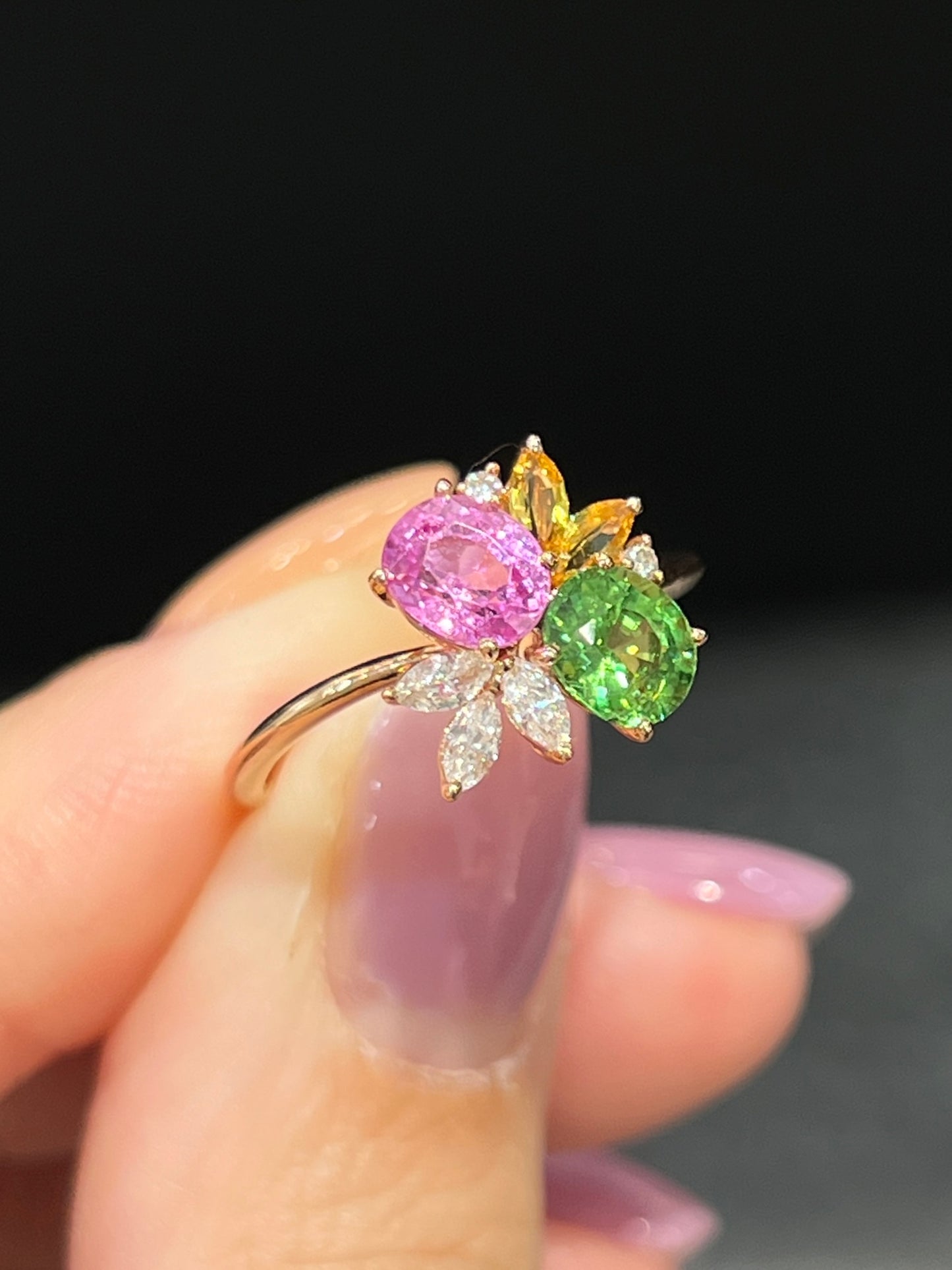 Natural Pink Sapphire 1.03ct And Tsavorite 0.78ct Toi et moi Ring