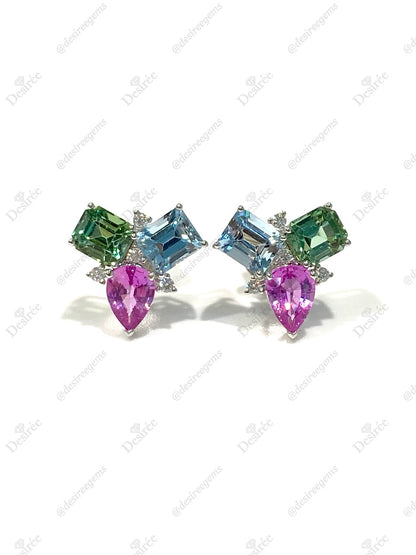 Natural Pink Sapphire, Aquamarine & Tourmaline Earrings