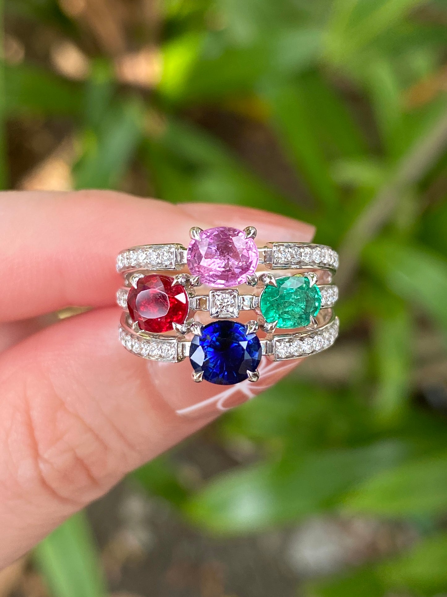 Natural Sapphire Emerald Spinel Cluster Ring