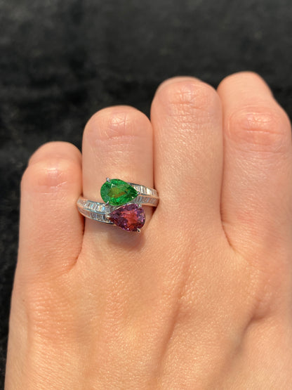 Natural Green Garnet Tsavorite 1.27ct and Tourmaline 1.32ct Ring