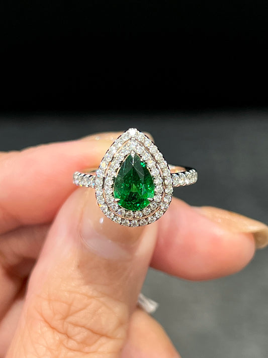 Natural Green Garnet Tsavorite 1.63ct Ring set with Natural Diamonds 0.61ct in 18K white gold Gemstone Fine Jewelry