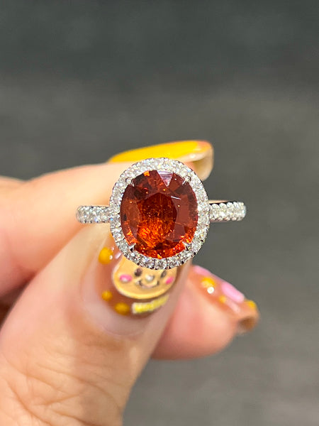 Natural Orange Garnet 3.27ct Ring Set With Natural Diamonds in 18K White Gold Gemstone Fine Jewellery Singapore