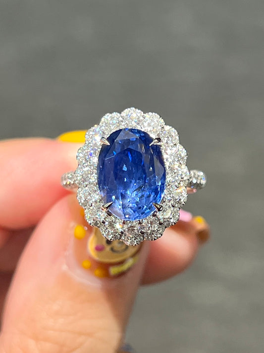 Natural Unheated Blue Sapphire Ring 7.26ct Set With Natural Diamonds In 18K White Gold Singapore Gemstone Fine Jewellery