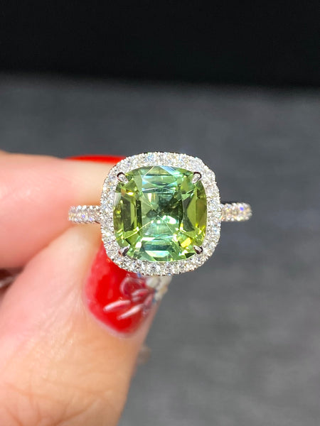 Natural Green Tourmaline 2.87ct Ring Set With Natural Diamond In 18K White Gold Gemstone Singapore Fine Jewellery