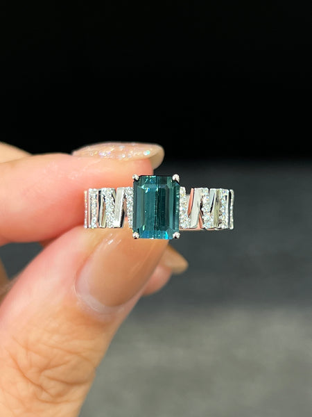 Natural Indicolite Blue Tourmaline 1.66ct Unisex Ring Set With Natural Diamonds In 18K White Gold Singapore Gemstone Fine Jewellery