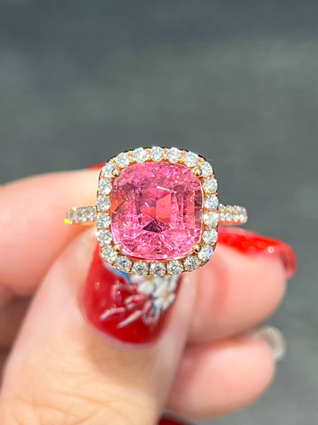 Natural Pink Tourmaline 3.72ct Ring Set With Natural Diamonds In 18K Rose Gold Singapore Gemstone Fine Jewelry
