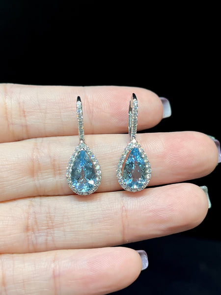 Natural Aquamarine Earrings 2.91ct Set With Natural Diamonds In 18K White Gold Gemstone Fine Jewellery Singapore