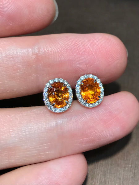 Natural Mandarin Orange Garnet 2.41ct Earrings Set With Natural Diamonds In 18K White Gold Gemstone Fine Jewellery Singapore