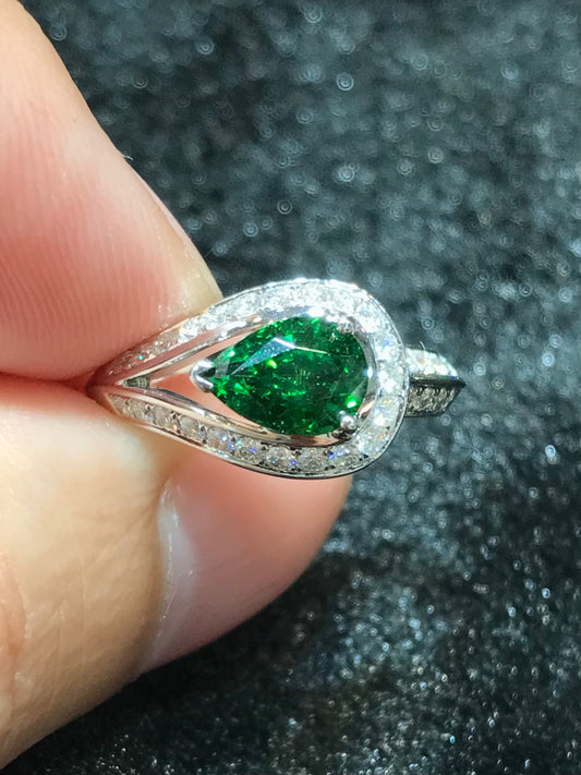 Natural Green Garnet Tsavorite 1.43ct Ring set with Natural Diamonds 0.45ct in 18K white gold Gemstone Fine Jewelry