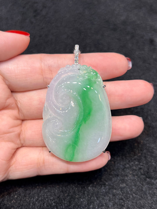 Natural Type A Jadeite Pendant set with 0.105ct Natural Diamonds in 18K White Gold Gemstone Jewelry