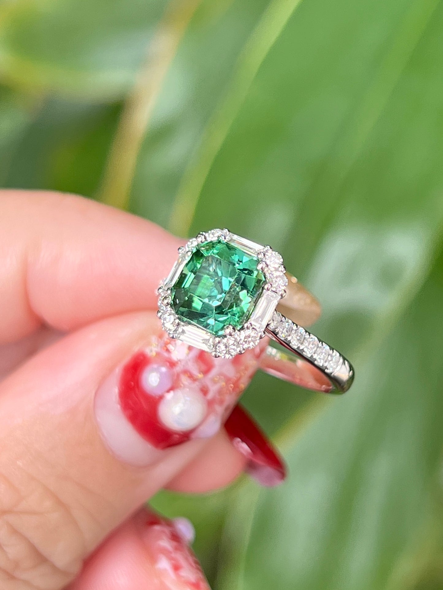 Natural Green Tourmaline 2.58ct Ring Set With Natural Diamonds In 18K White Gold Gemstone Fine Jewellery Singapore