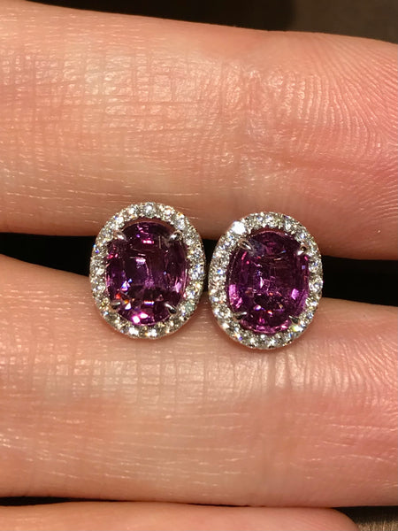 Natural Pink Sapphire Earrings 2.62ct set with natural diamonds in 18k white gold Gemstone Fine Jewellery Singapore
